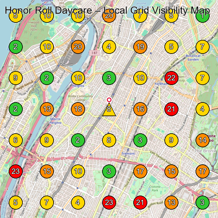 Honor Roll Daycare Day Care Center GeoGrid ranking map for Bronx NY